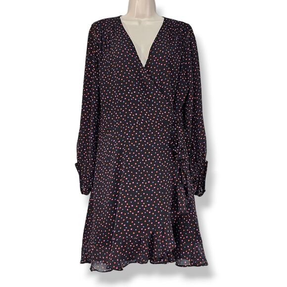 Banana Republic Black Chiffon Heart Print Ruffle Wrap Dress Long Sleeve Size 16 - Picture 2 of 10
